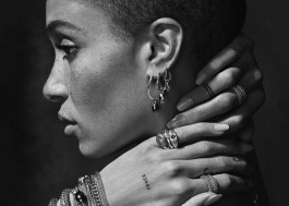 black-and-white photo of model Adwoa Aboah wearing John hardy jewelry 
