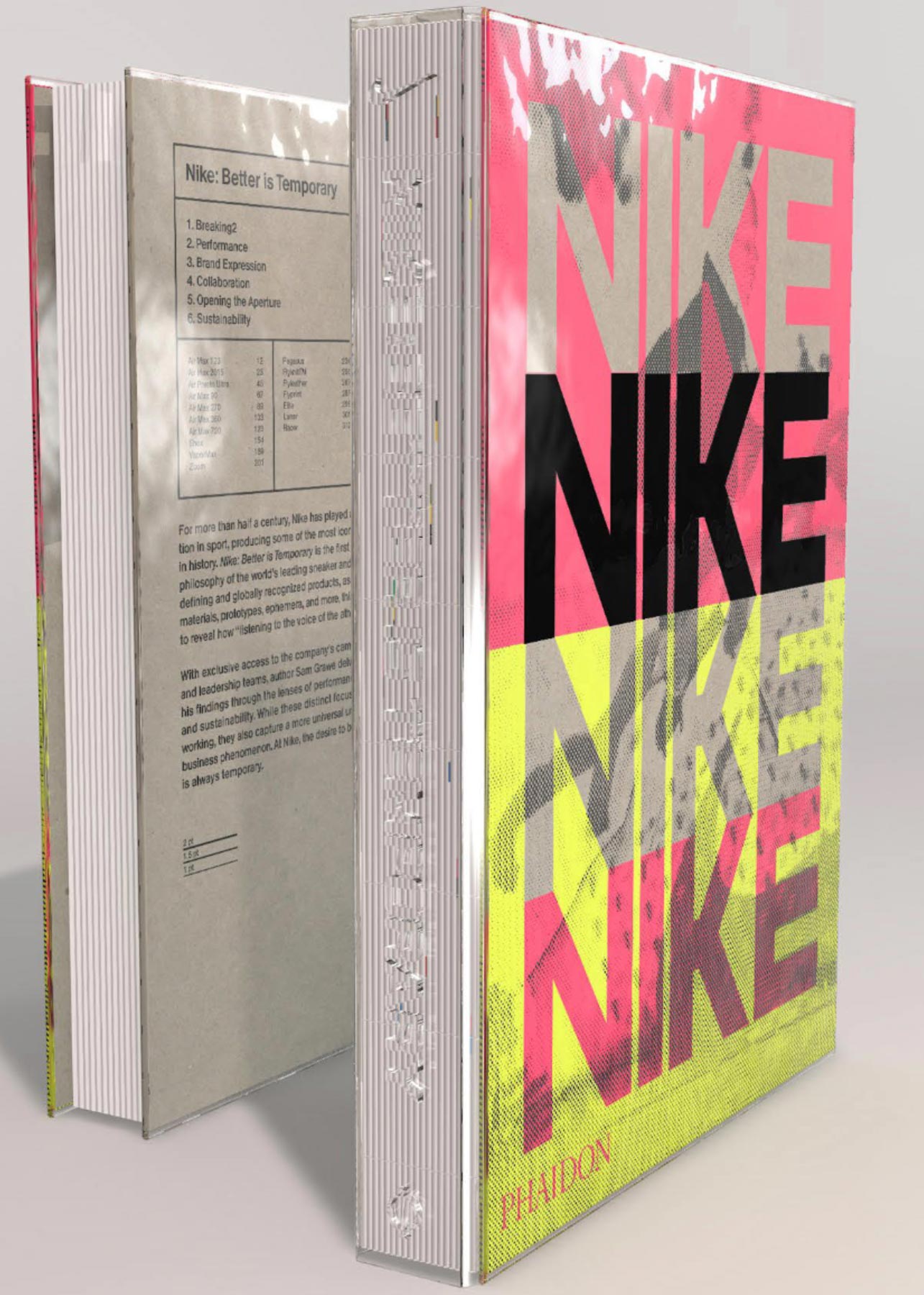 Pink, yellow, and black book cover of Nike On Design book published by Phaidon 
