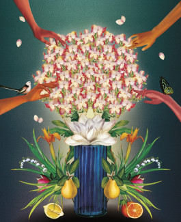 Illustration of a bouquet of jasmine flowers being plucked by fingers with fruit around vase 